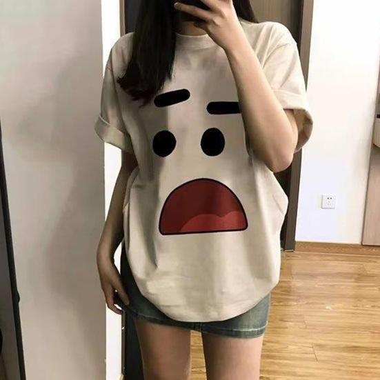 Couple T-shirt Cartoon Face Expression Cactus Print Short Sleeves Ice Silk Loose O Neck