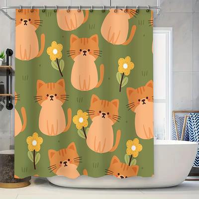 Декоративные Кошки Цветы Шторка для душа Зеленый Набор ковриков для ванной для украшения ванной комнаты Милый принт Домашнее украшение Водонепроницаемая ткань