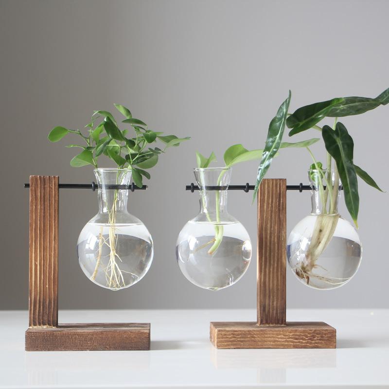 Creative Wooden Frame Hydroponic Vase Dill Plant Transparent Glass Flower Arrangement Container Desktop Ornament Home Decoration Products