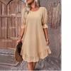 2 Spring/summer Women's Retro Cotton/linen Mid-sleeve Round Neck Solid Color Loose Swing Dress