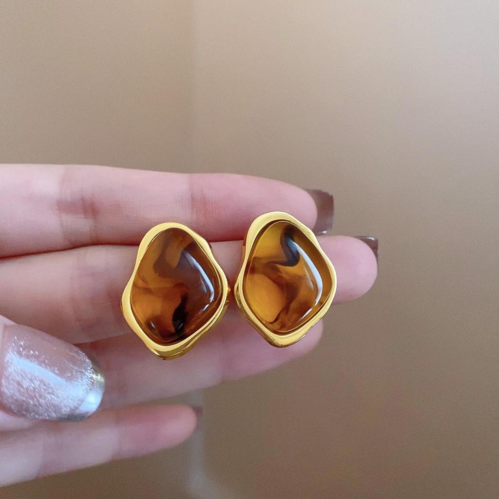 Серьги-пусеты неправильной формы коричневого цвета 'Серебряная игла' - Французская легкая роскошь, ретро, нишевые, высококлассные украшения для женщин.