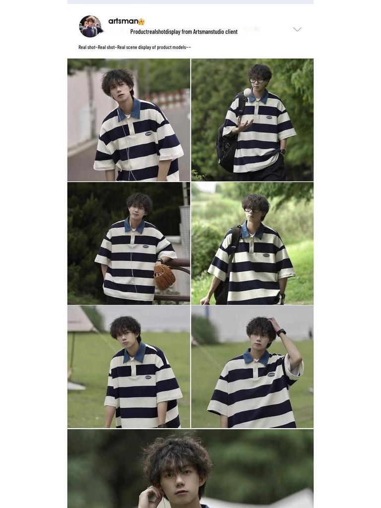 Унисекс американская ретро полоскатая футболка-поло - летняя свободная посадка, студенческий стиль, короткий рукав для модных пар