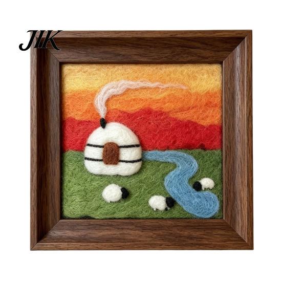 Poke Art Kit with Wooden Frame Steppe Scenery Frame, DIY Grassland Landscape Handmade Wool Painting Set Punch Needle Craft Set, Framed Picture