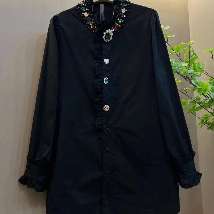 Женская рубашка больших размеров с длинным рукавом, воротником-стойкой и отделкой хотфикс - Зрелый стиль, Однотонная, Универсальный топ