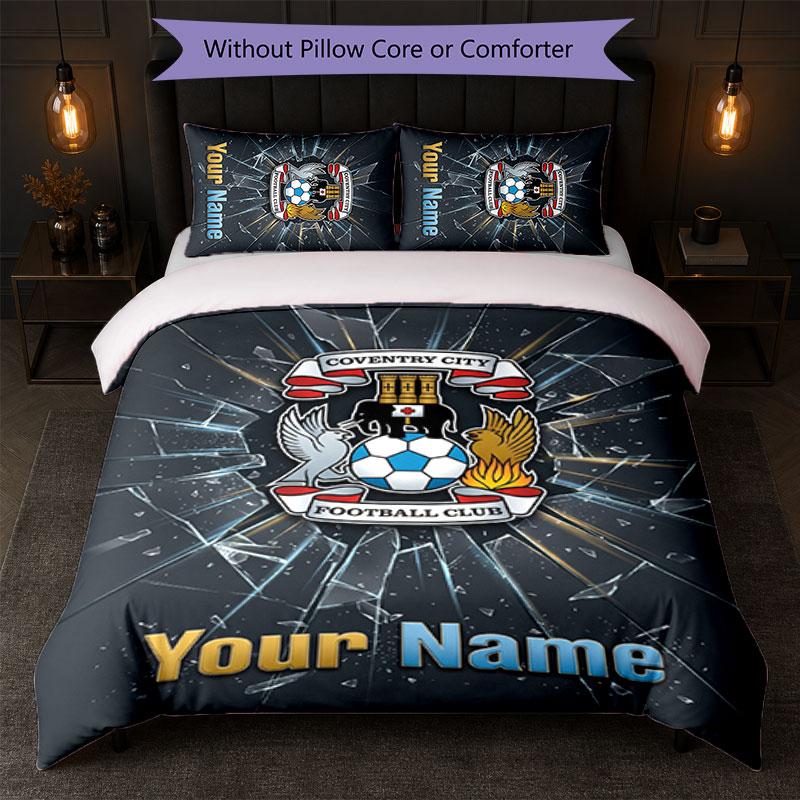 Coventry City FC Custom Name Text Bedding Set 1 Duvet Cover+2 Pillowcases Soccer Logo Personalized Gift For Special Occasion Bedroom Decor