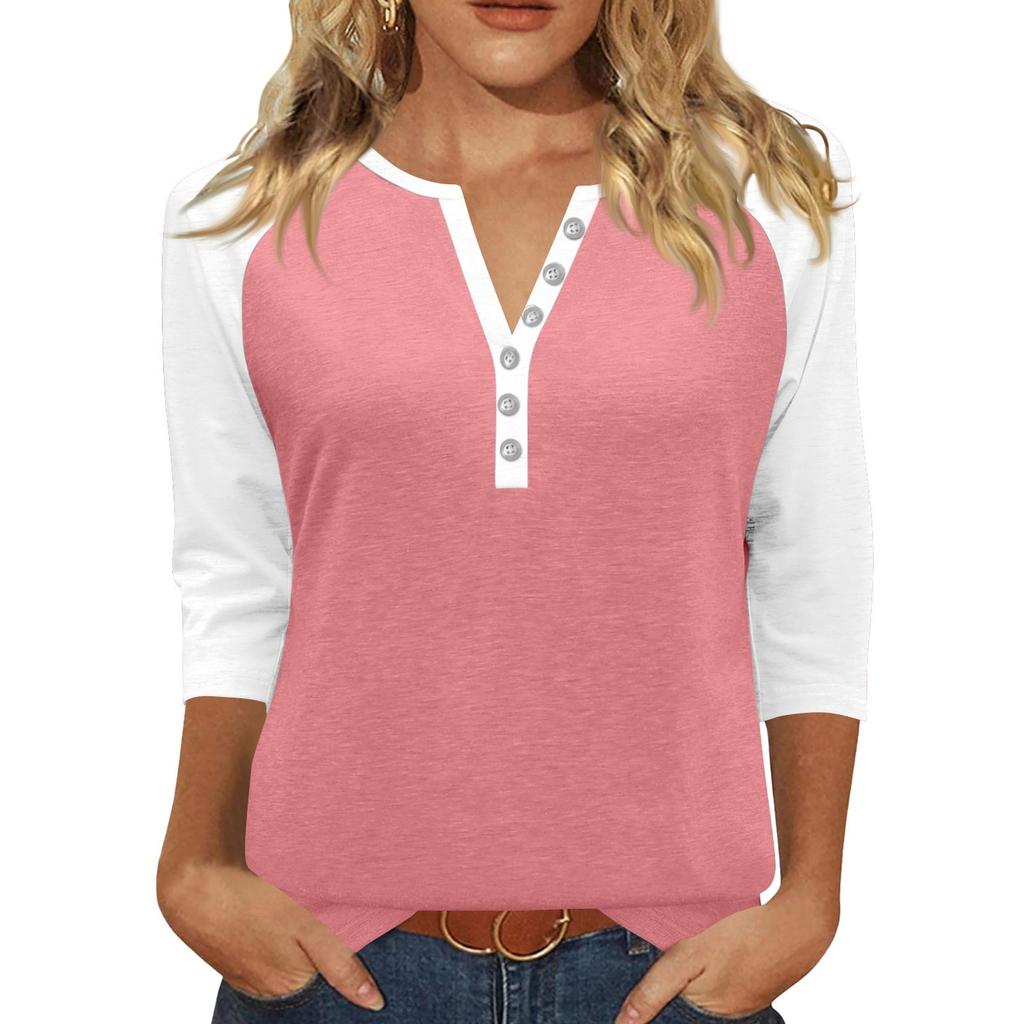 Жен. Футболка С принтом Пуговицы Рукав 3/4 Повседневные Выходные Мода Классический Классический V-образный вырез Обычный Верх