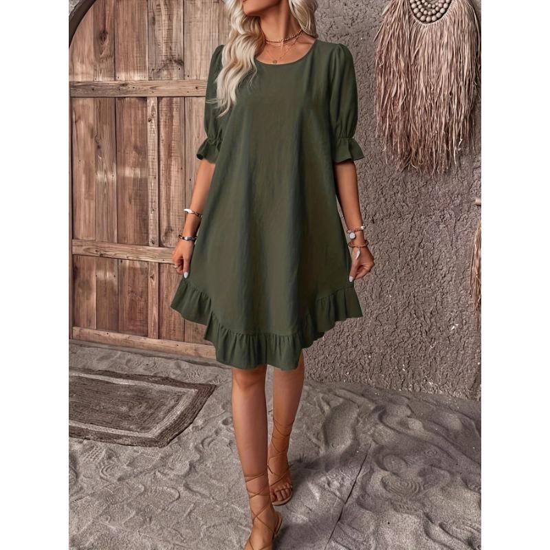 Solid Color Half Sleeve Dress, Casual Crew Neck Dress For Spring, Women's Clothing