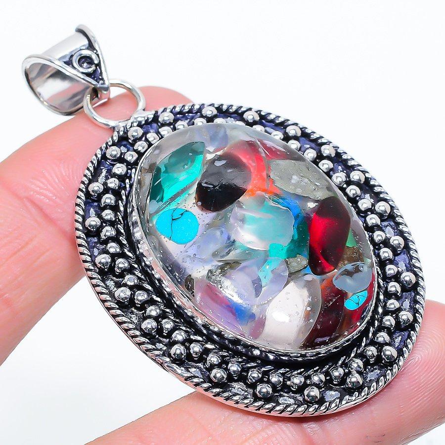 Dicorich Glass Gemstone Handmade 925 Sterling Silver Jewelry Pendant 2.64" O2u65
