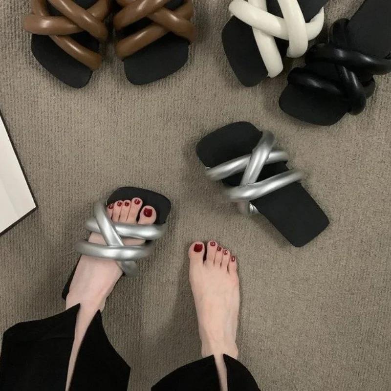 Новые женские туфли, модные, квадратный носок, ретро, повседневные, с плоской подошвой, пляжные тапочки, обувь для женщин, Zapatos De Mujer 2024