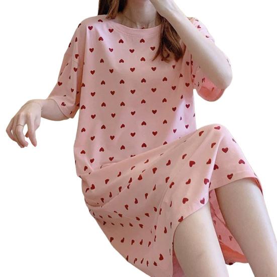 Beautiful Sleeping Dress Breathable Relaxed Comfortable Girls Sweet Pink Heart Print Summer Nightdress Home Wear
