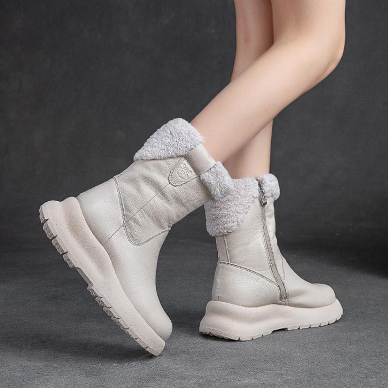 Snow Boots Genuine Leather Plush Warm Solid Color Thick Sole Women's Mid-calf Short Boots