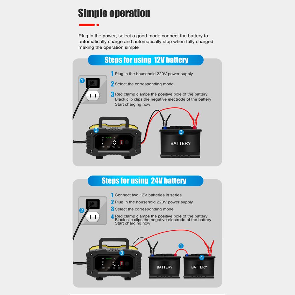 Полностью автоматические зарядные устройства FOXSUR 12V10A 24V5A для обслуживания автомобильных аккумуляторов Trickle