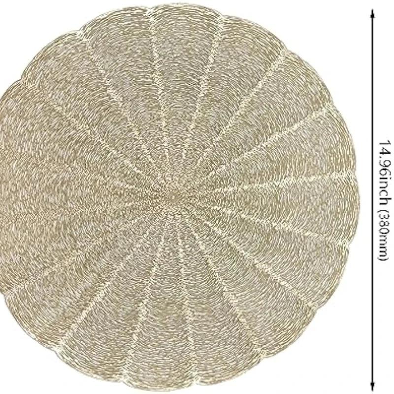 Набор из 6 подставок под тарелки Круглые Золотые Виниловые Легко моющиеся Нескользящие Жаростойкие 15" для Обеденного стола Свадебной вечеринки Фестиваля