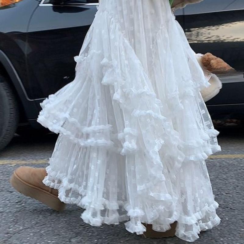 Женская осенне-зимняя многоярусная пушистая миди-юбка с кружевной отделкой - Свободная А-силуэта, милая длинная юбка с дизайном в виде слоев торта