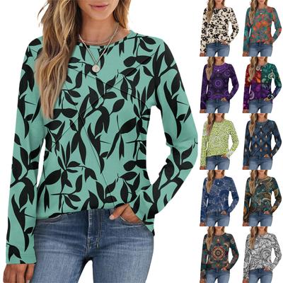Модный женский топ с длинным рукавом, круглым вырезом, повседневный, плиссированный, в стиле ретро, с цветочным принтом, свободного кроя