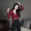 Sexy Slim V-neck Wrapped Women's Crop Tops Novel Solid Color Long-sleeved T-shirts