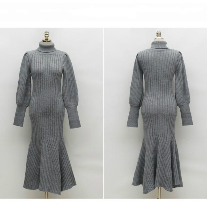 Autumn Winter New Korean Style Long Sleeve Women's Fashion Turtleneck Warm Long Maxi Knitting Pullover Sweater Dresses With Belt