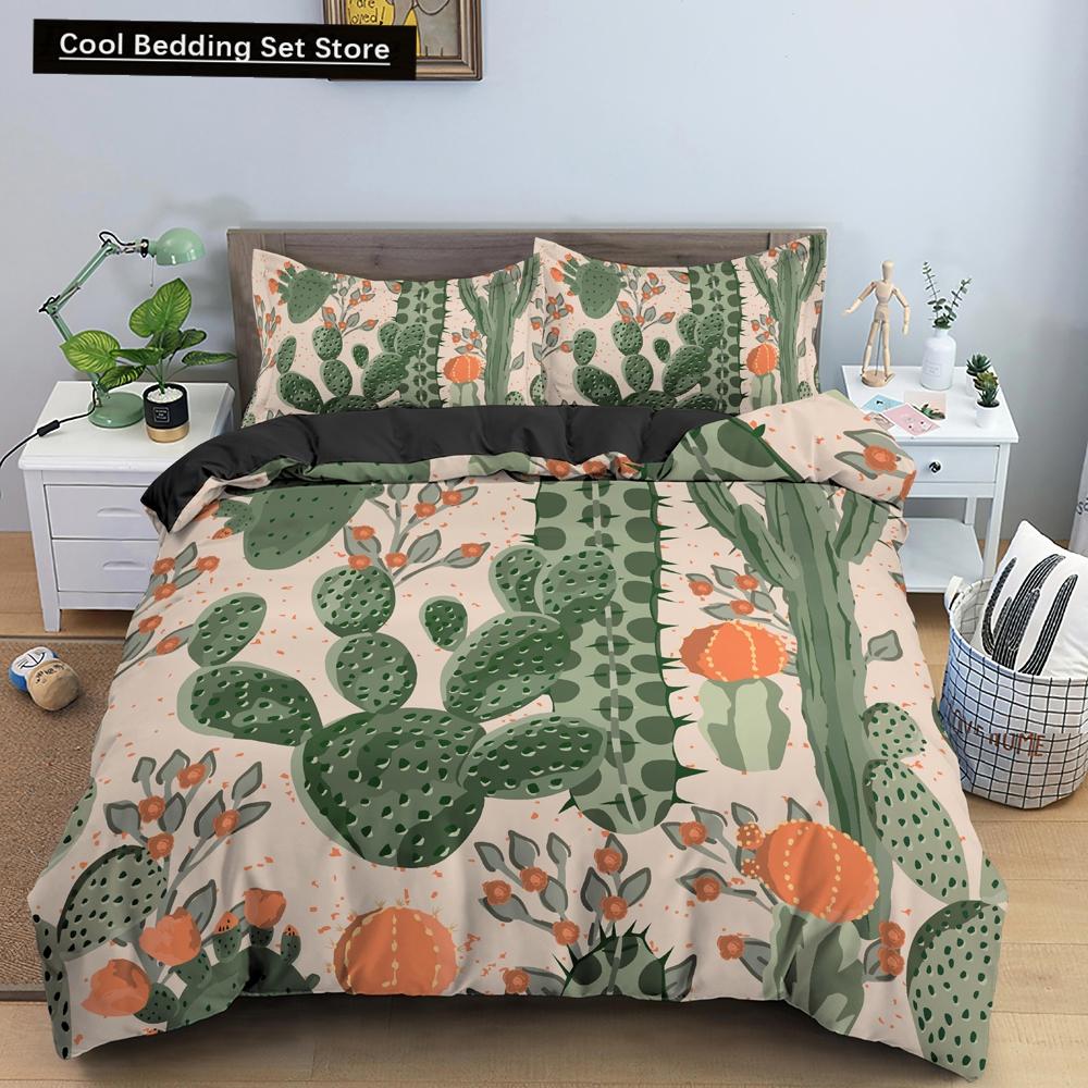 Пододеяльник Cactus King Queen Набор постельного белья с суккулентами для детей, подростков, взрослых Зеленый Ботанический с цветами 2/3 предмета Полиэстеровый пододеяльник