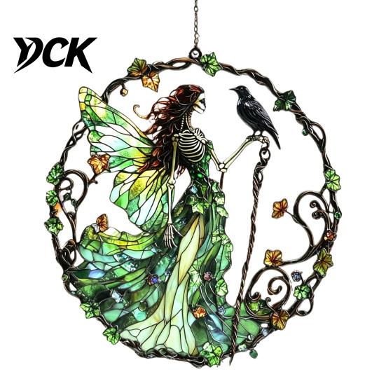 Window Hanging Decorations Stained Glass Style Skeleton Fairy Suncatcher, Acrylic Decorative Ornament with Butterfly Wings Ornaments for Living