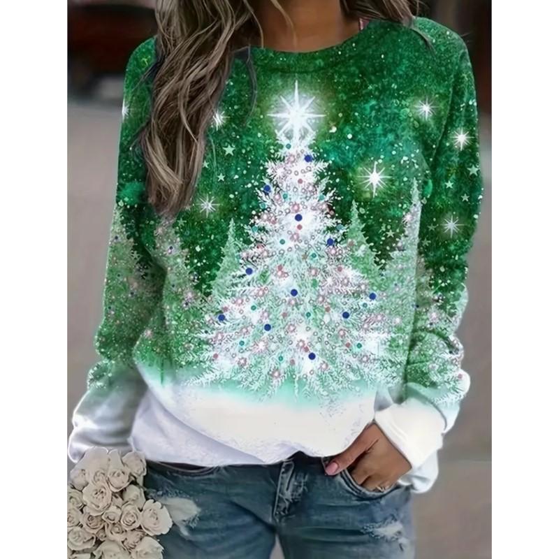 Весенне-осенний женский топ с рождественским принтом, футболка с круглым вырезом, повседневный милый стиль, футболка с длинным рукавом
