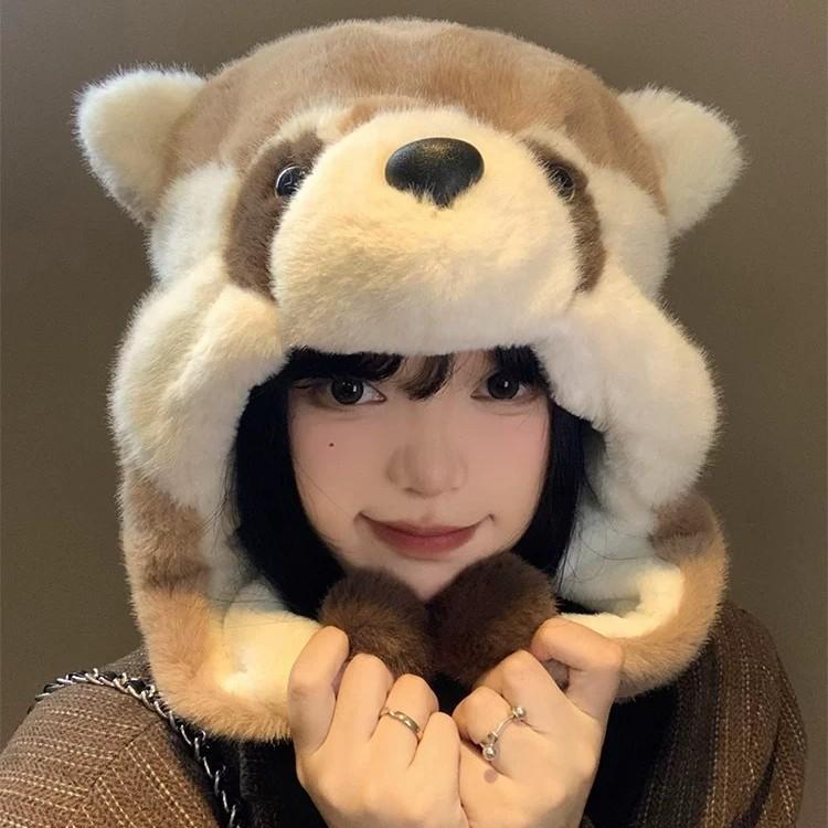 Winter Cute Cartoon Raccoon Plush Hat Female Cycling Thickened Ear Protection Hat Warm Lei Feng Hat North Cold Skiing