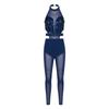 Women Gymnastics Unitard Halter Backless Sequin Bodice Hollow Out Waist Sheer Mesh Leggings Built-in Briefs Rompers Jumpsuit for Competition Stage