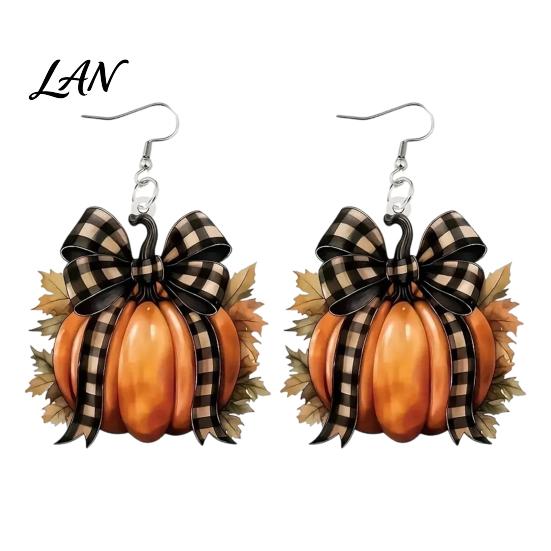 Autumn Pumpkin Earrings 1 Pair for Women, Acrylic Dangle Drop Retro Plaid Bow with Bow, Halloween Fall Jewelry Holiday Party Theme