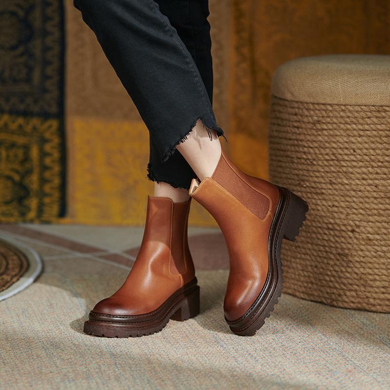 Новые женские ботинки из натуральной кожи, модные ботинки «челси» без шнуровки с круглым носком, ботильоны, зимняя женская обувь на платформе, Zapatos De Mujer