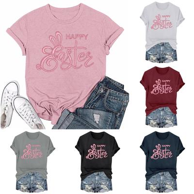 Женская модная пасхальная принтованная повседневная плиссированная круглая футболка с коротким рукавом