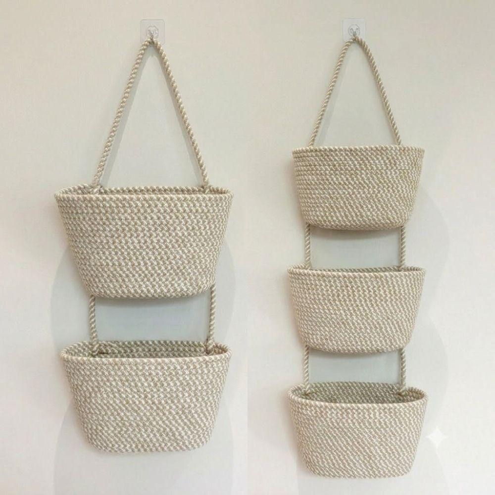 Handwoven Wall Mount Organizer 2/3 Layered Rope Woven Basket Hanging Storage Basket Living Room