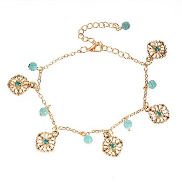 2 шт./набор новых богемских бирюзовых камней с бусинами из синего кирпича, полые цветочные пластины, браслет на лодыжку, пляжные украшения для ног ADM