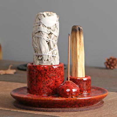Держатель Palo Santo 4-в-1 Керамический подсвечник для благовоний Подсвечник с золоуловителем Лотос Подставка для благовоний для палочек Медитация на сжигание шалфея