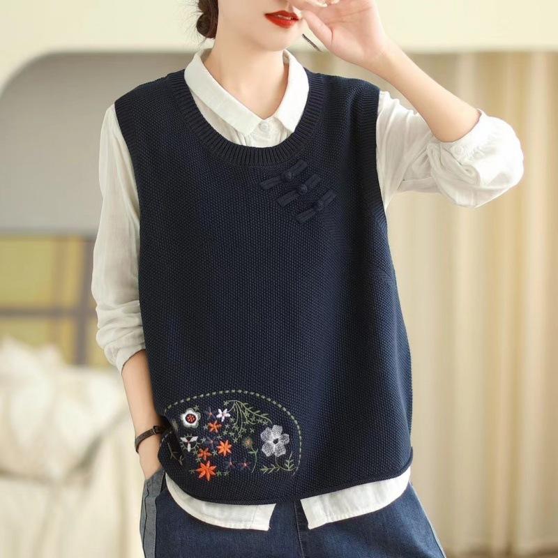 Женский вязаный жилет с культурной застежкой-пуговицей и вышивкой, новинка весны и осени, свитер-жилет с круглым вырезом