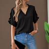 Yousheng Women Shirt V-Neck Ruffled Splicing Petal Sleeve Solid Color Tops Loose Fit Tee Casual Office Travel Shirt
