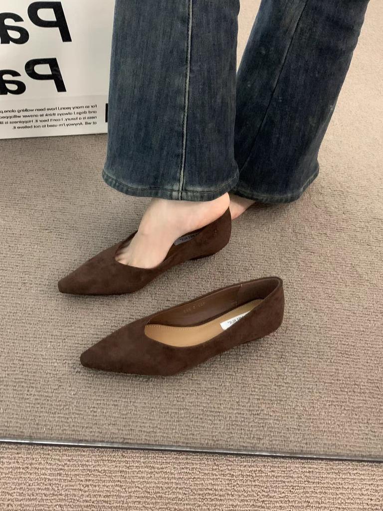 Retro Low-heeled Pointed-toed Shallow-mouth Single Shoes Women's Shoes 2025 New Spring and Autumn Suede Temperament One-pedal Commuter Shoes
