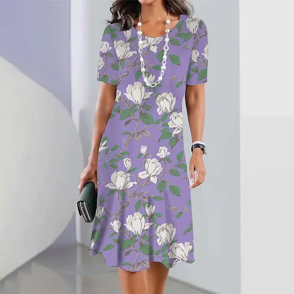 Элегантное свободное женское платье с принтом листьев 3D, платье с коротким рукавом, круглый вырез, юбка А-силуэта, летняя повседневная удобная уличная одежда