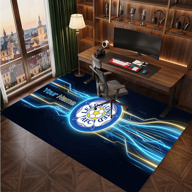 Leeds United Custom Crystal Velvet Rug, Personalized Name Text Print, Football Logo Soft Non‑Slip Floor Mat Home Decor Gift