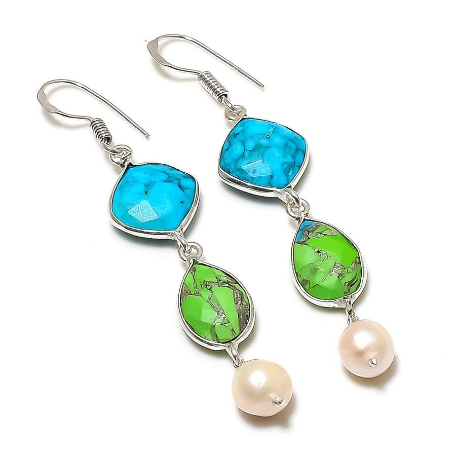 Copper Green Turquoise, Pearl 925 Sterling Silver Jewelry Earring 2.56" GK-6260