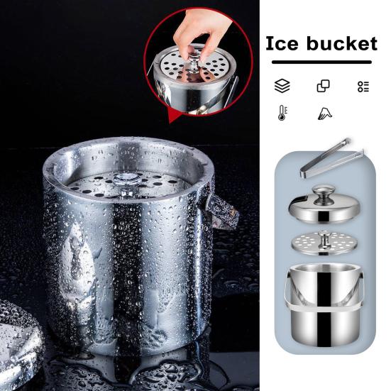 Ведро для льда с двойными стенками объемом 1,3 л с крышкой и щипцами, 6-часовое охлаждение пива, охладитель для домашнего бара, изолированный контейнер для льда из нержавеющей стали 304
