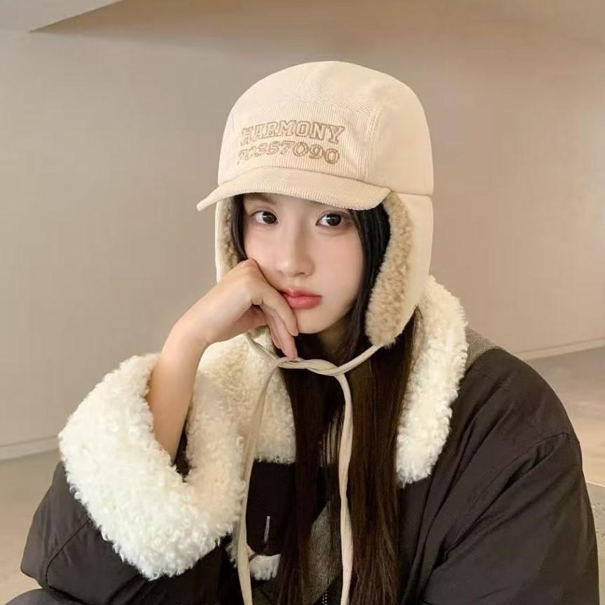 Letter embroidered corduroy Lei Feng hat children autumn and winter new plush warm ear protectors ski hat women