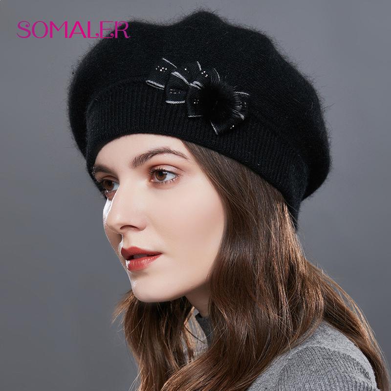 SOMALER Cashmere Winter Beret Hats for Women Knitted Middle-aged Lady Caps Bowknot Decoration On Side