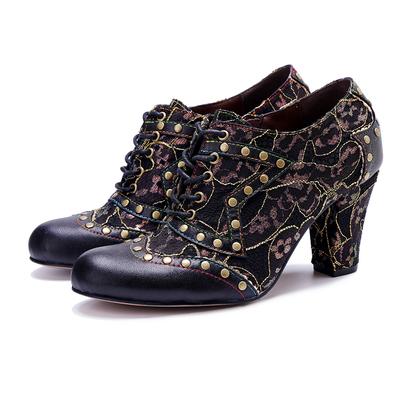 Ретро заклепки модные туфли на высоком каблуке туфли-лодочки ручной работы из натуральной кожи сращивание женские туфли