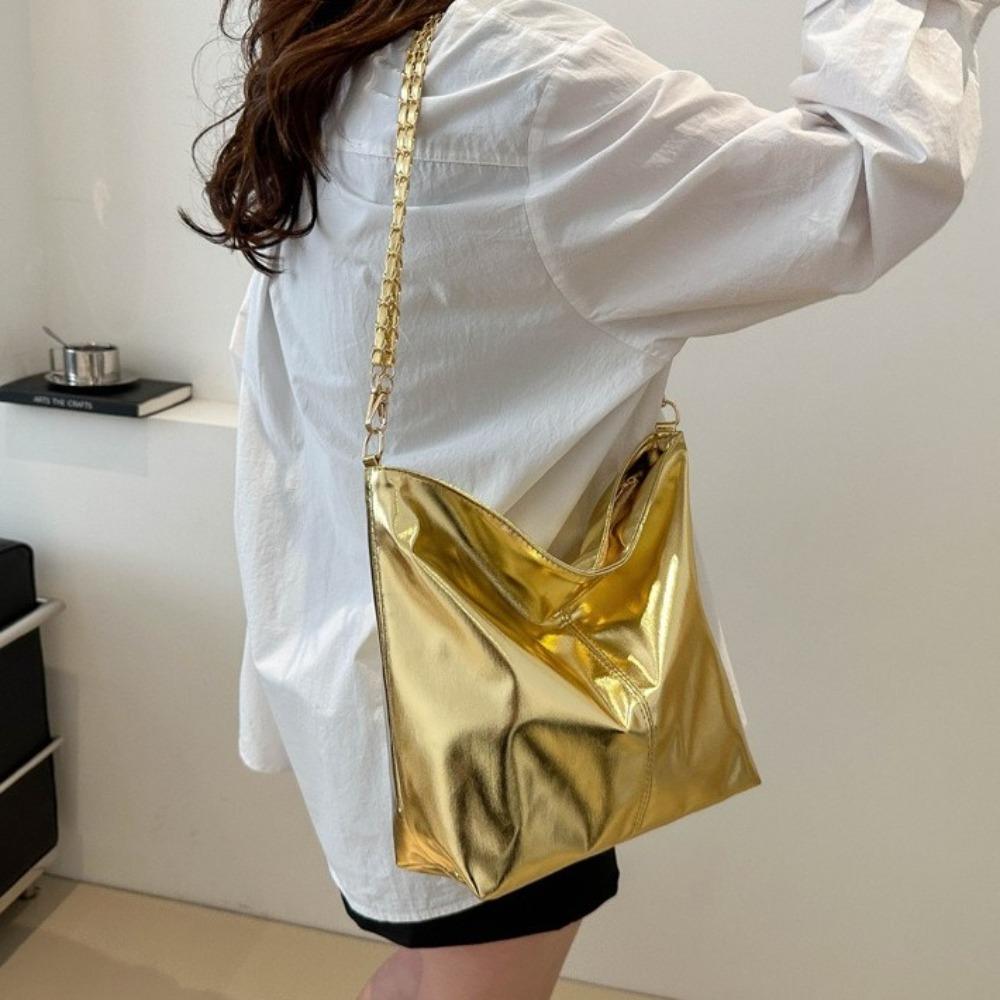 Large Capacity PU Leather Tote Bag Solid Color Women Handbag Retro Chain Shoulder Bag Party