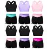 Kids Girls Sleeveless U Neck Shoulder Straps Cross At Rear Crop Top with Low Waist Elastic Side Striped Shorts for Running Gym Workout