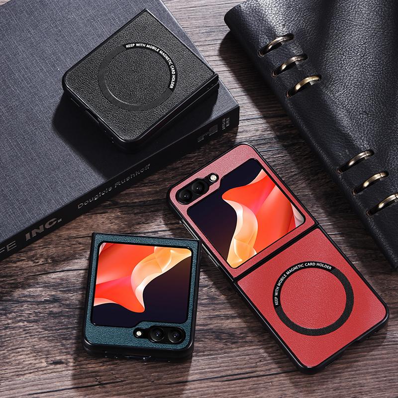 Luxury PU Leather Wireless Charge Magnetic Case For Samsung Galaxy Z Flip 3 4 5 6 Flip4 Flip5 Flip6 5G Shockproof Back Cover