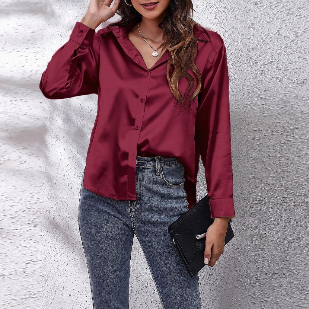 Женская мода, повседневная рубашка с v-образным вырезом, однотонная атласная рубашка с длинными рукавами и имитацией шелка на пуговицах