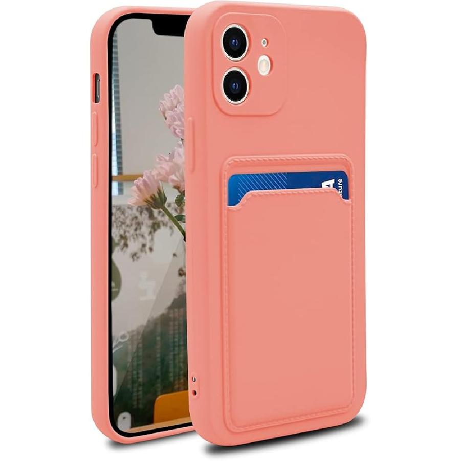 Silicone Phone Case with Card Holder & Camera Lens Protection (for iPhone 12 6.1 Inch) - Pink