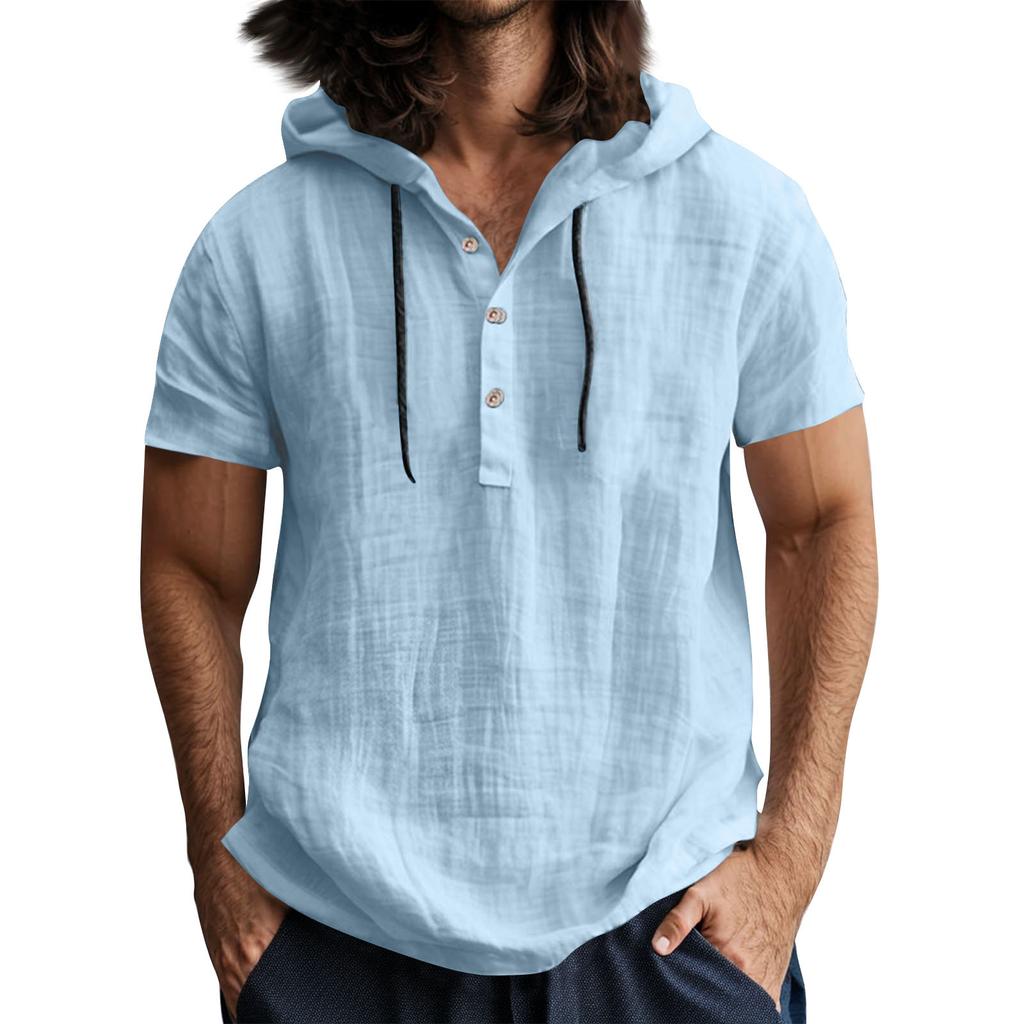 Мужская повседневная футболка с короткими рукавами, капюшоном и открытым воротом на пуговицах