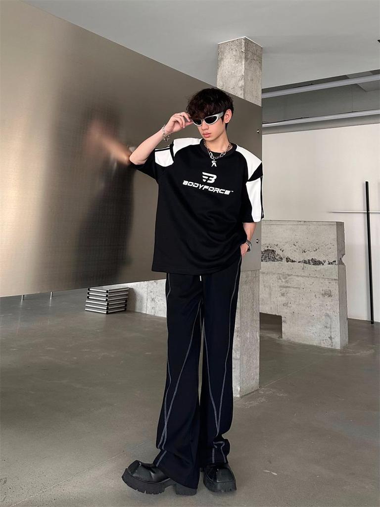 Унисекс футболка с цветными блоками и подплечниками - Мужской повседневный летний топ свободного кроя с коротким рукавом