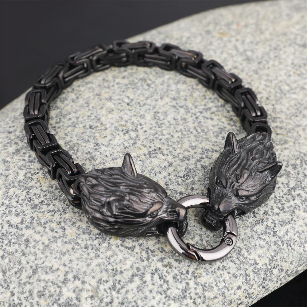 Nordic Viking Черный браслет из нержавеющей стали с головой волка Мужские украшения 